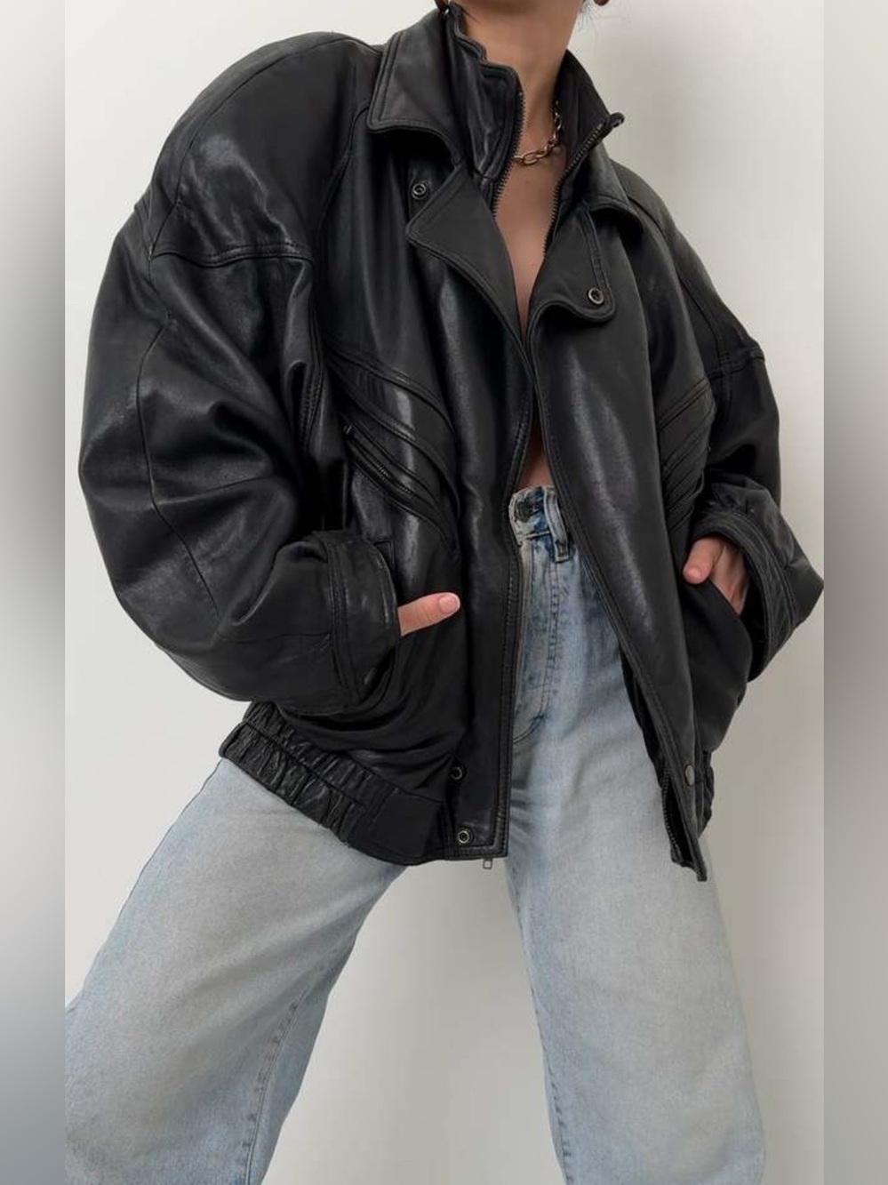 Vintage Leather Car Coat Jacket Puff Batwing Sleeve Black Slimming Pleating Sz L